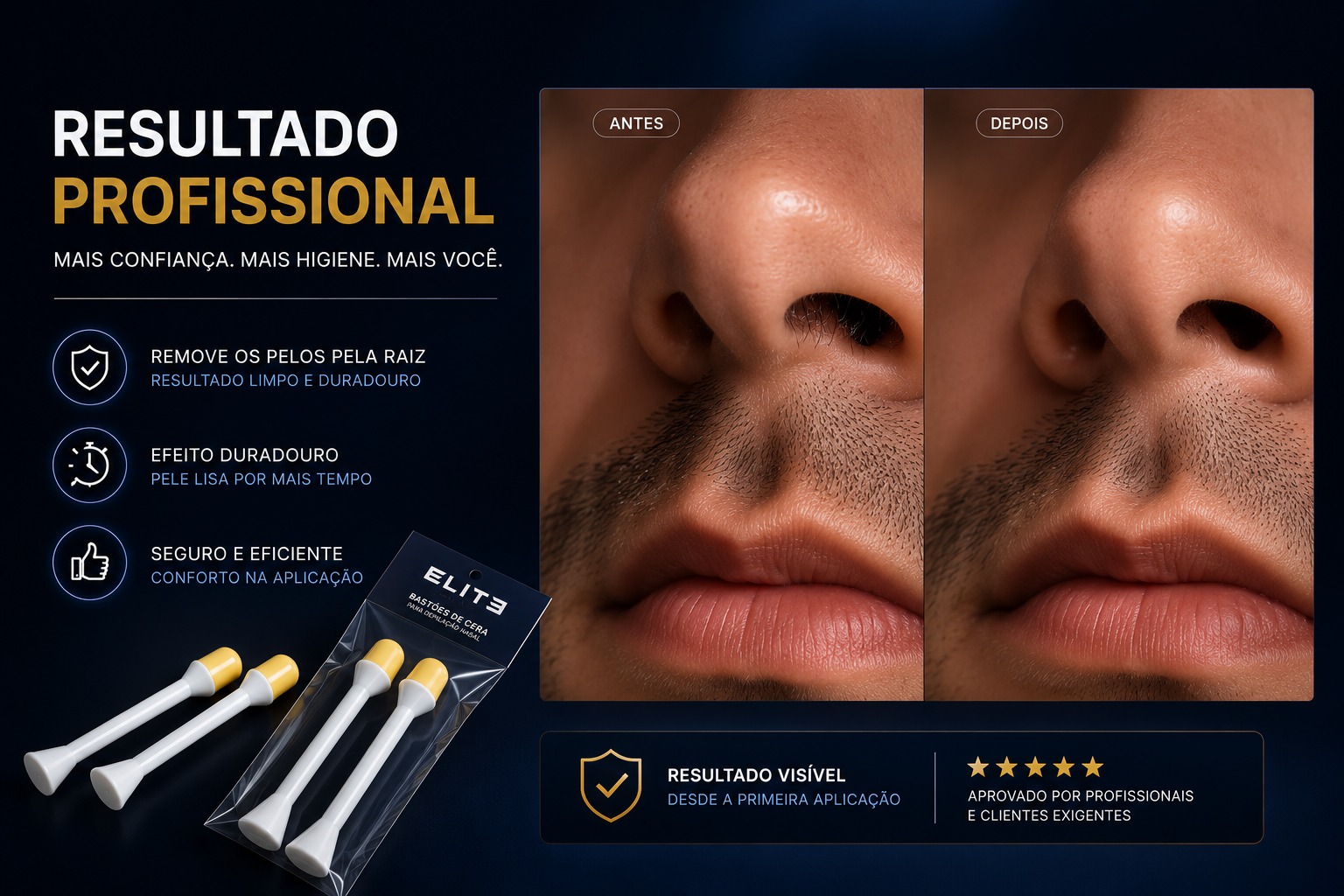 Antes e depois da depilação nasal com bastão VAI